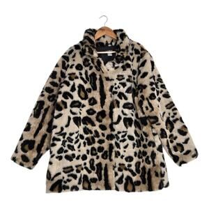 Venus Leopard Faux Fur Teddy Jacket 2X Animal Print Long Sleeve Pockets Lined